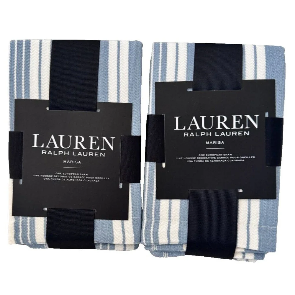 Ralph Lauren Marisa Euro Shams Sham $270 Blue Striped 100% Cotton Set of 2